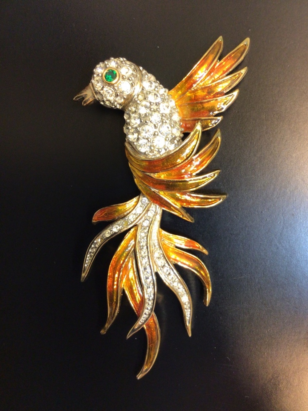 Large Bird of Paradise Brooch Goldtone Rhinestones Amber/Orange Enamel Statement